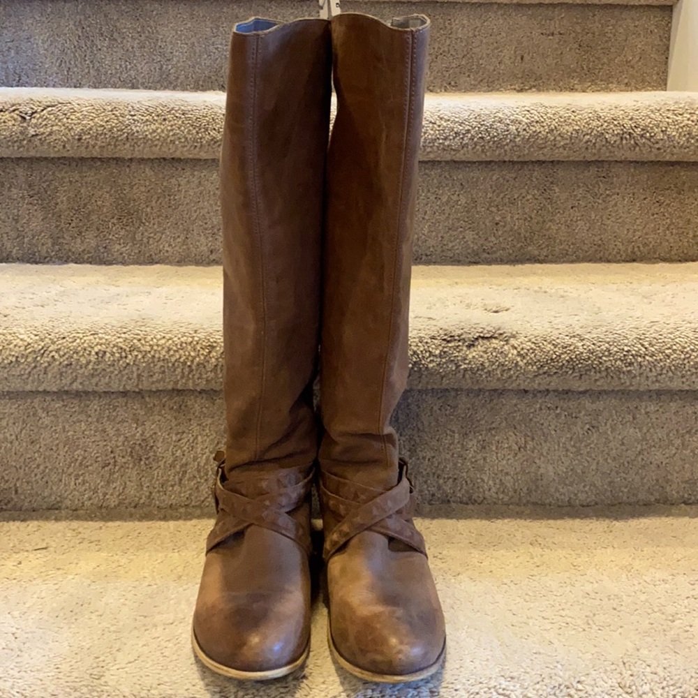Camel knee high boots